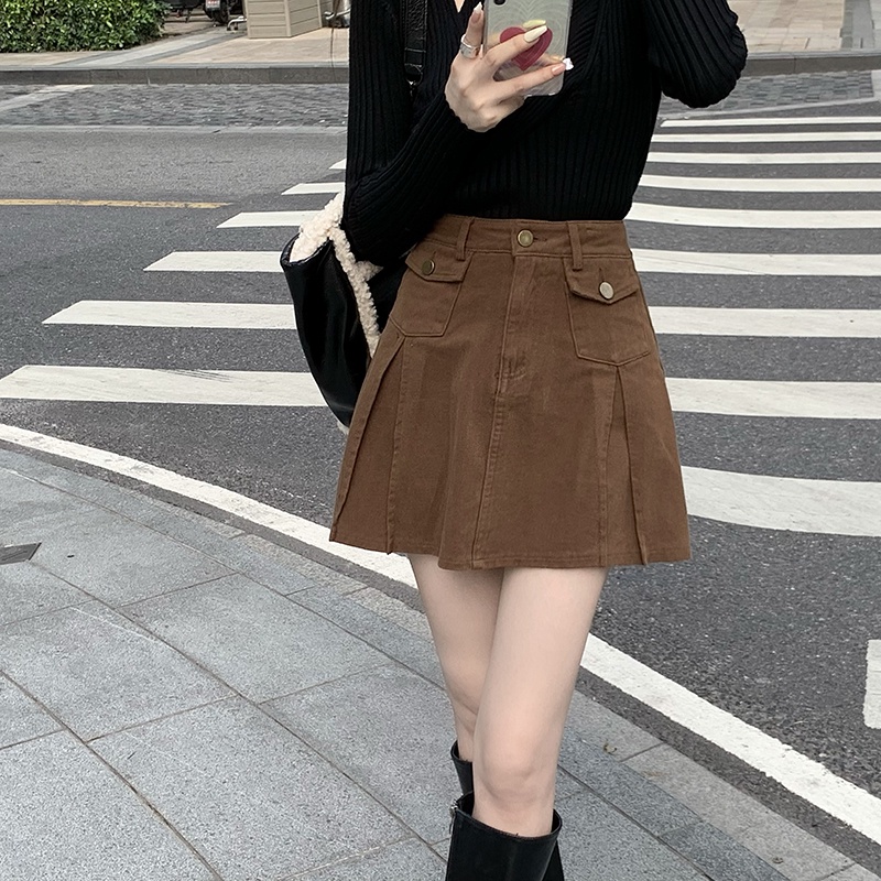 ihkke Chân váy ngắn chữ A lưng cao thời trang đường phố phong cách Hàn Quốc