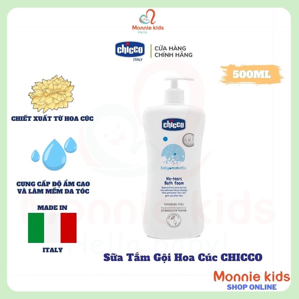 Sữa tắm gội CHICCO 500ml, sữa tắm gội hoa cúc cấp ẩm làm mềm da tóc cho bé - Monnie Kids