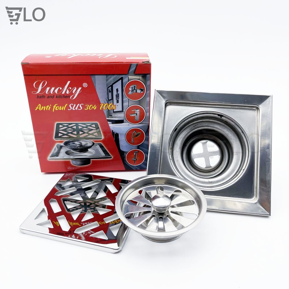 Ga Thoát Sàn Inox Lucky 12x12cm Kèm Lọc Rác Chống Hôi
