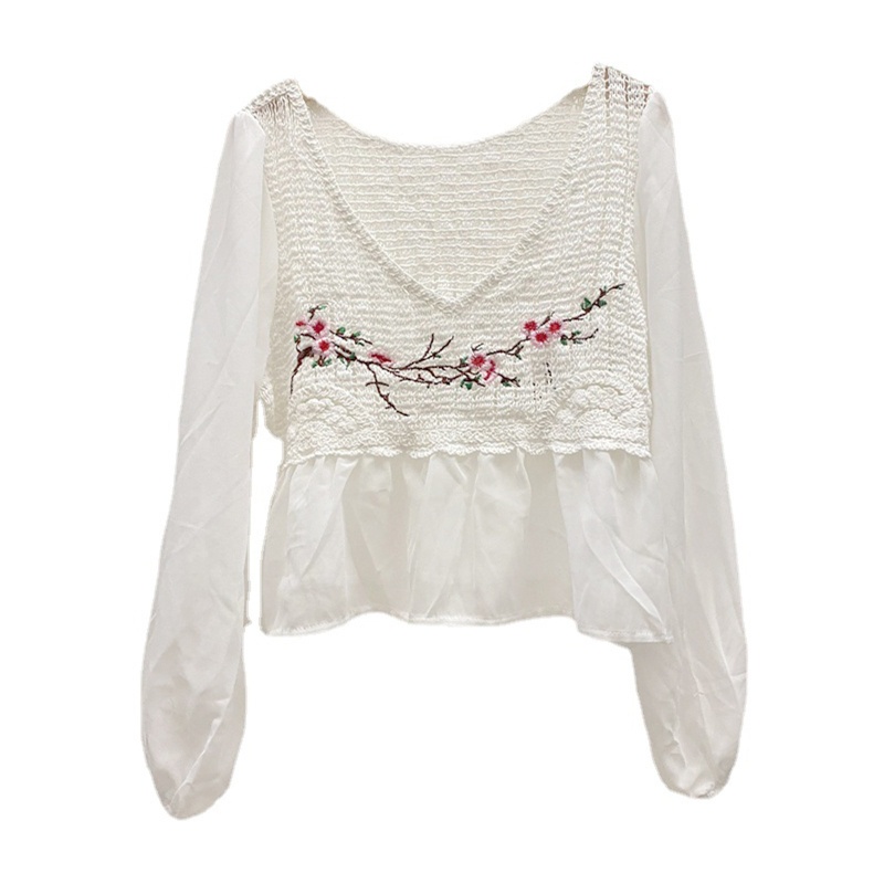 Brroa Áo Thun Đan Móc Tay Phồng Thêu Hoa Kiểu Retro Cho Nữ