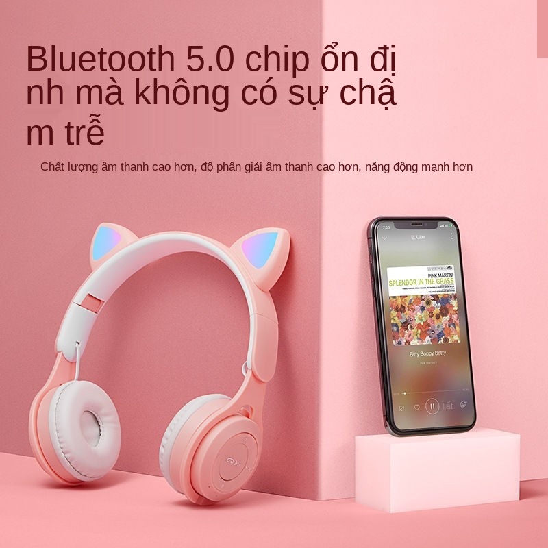 ▽Tai nghe gaming chụp Mao Duo thẻ bluetooth không dây có thể gập lại sinh viên dễ thương tay cô gái phổ quát