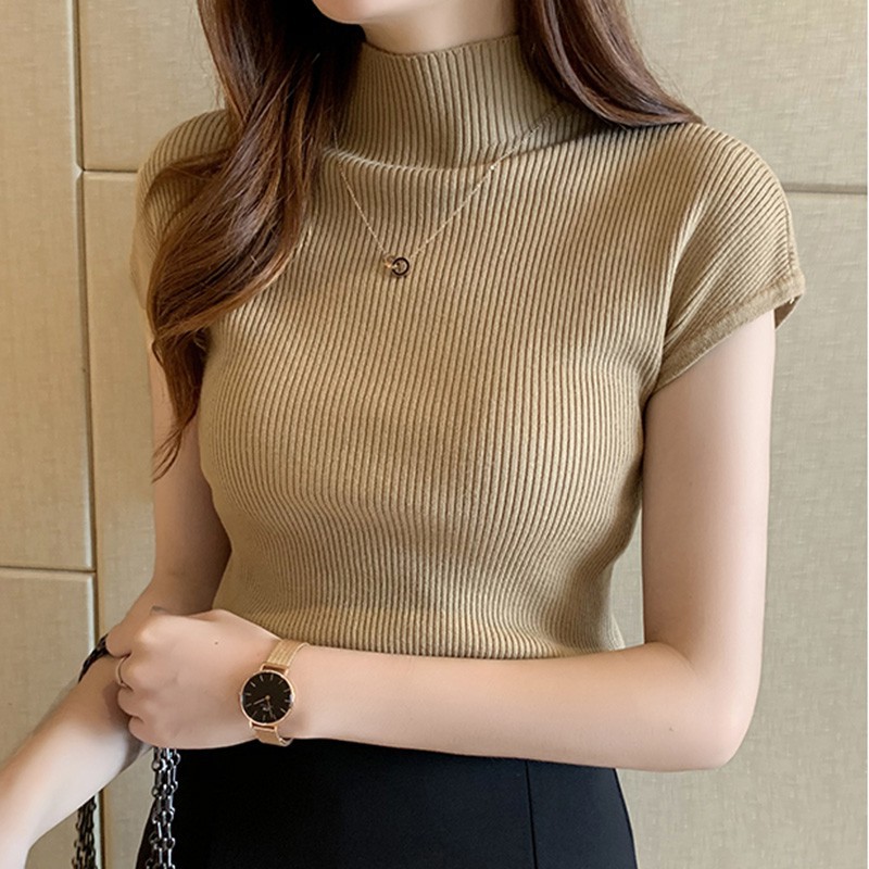 Áo Dệt Kim Tay Ngắn Cổ Lọ Màu Trơn Thời Trang Cho Nữ
