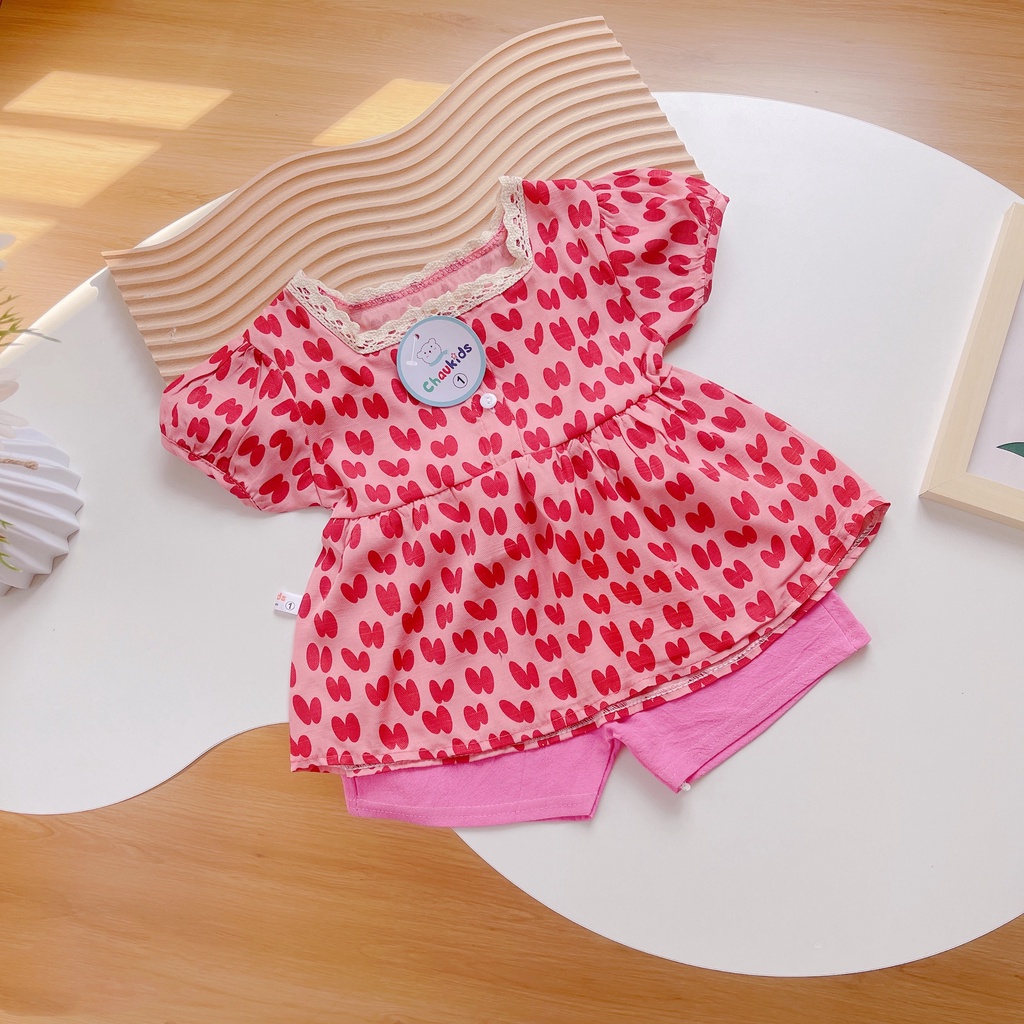 Bộ cộc tay bé gái, bộ quần áo chất thô đũi cổ vuông viền ren dáng babydoll cho bé