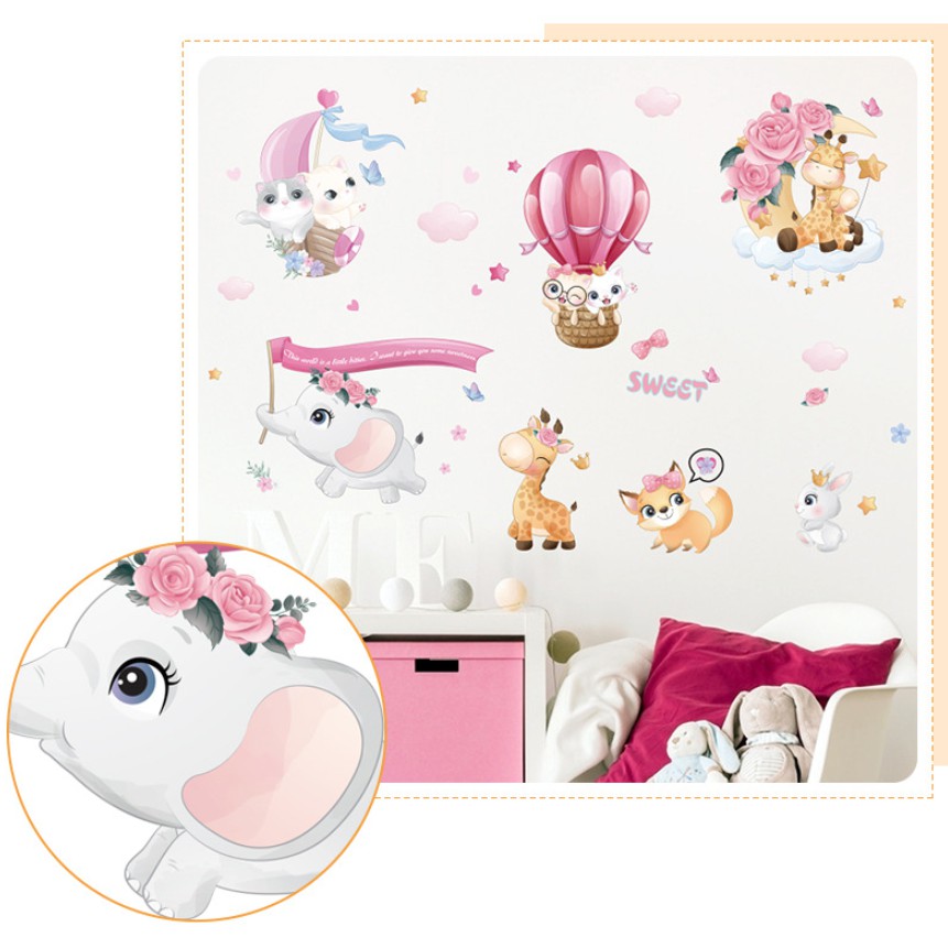 Decal dán tường  Mèo và voi con xinh xắn cho bé yêu
