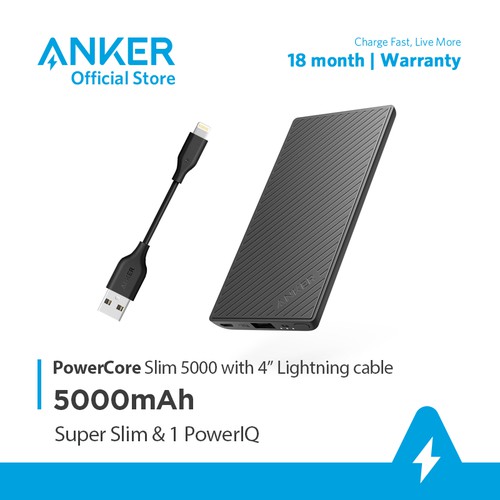 Pin sạc dự phòng ANKER PowerCore Slim 5000mAh kèm cáp Lightning dài 10cm - B1250H11