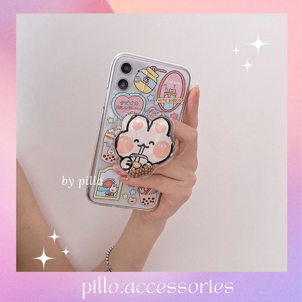 Ốp lưng điện thoại Iphone họa tiết trà sữa kèm popsocket thỏ cao cấp - Pillo A3