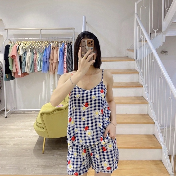 Bộ ngủ 2 dây chun lưng quần đùi vải lanh nhiều màu