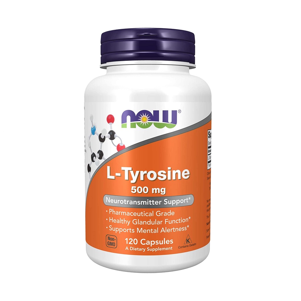 Viên uống Now L-Tyrosine 500mg hỗ trợ giảm căng thẳng, stress, cải thiện chứng trầm cảm và ổn định tuyến giáp 120 viên.
