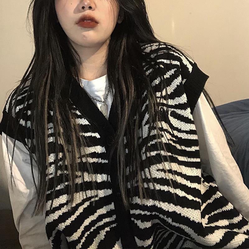 Set áo thun tay dài cổ chữ V họa tiết ngựa vằn và áo len không tay phong cách retro đơn giản cho nữ
