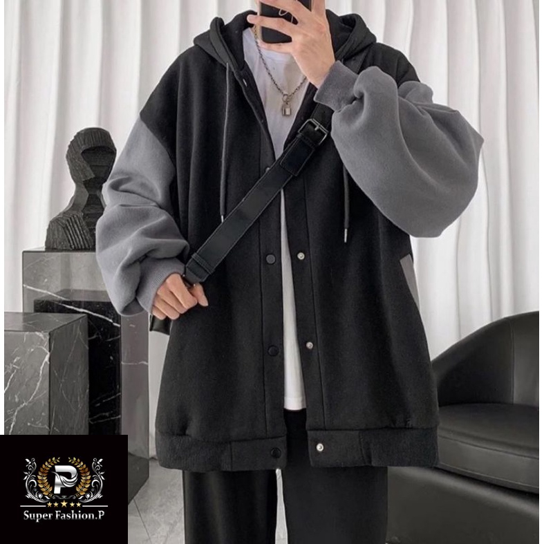 Áo Khoác Hoodie Nút Bấm Phối Tay Hai Màu Sành Điệu Thời Trang - Super Fashion P