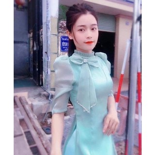 áo dài tay bồng cổ xếp ly mới 4 tà kèm quần