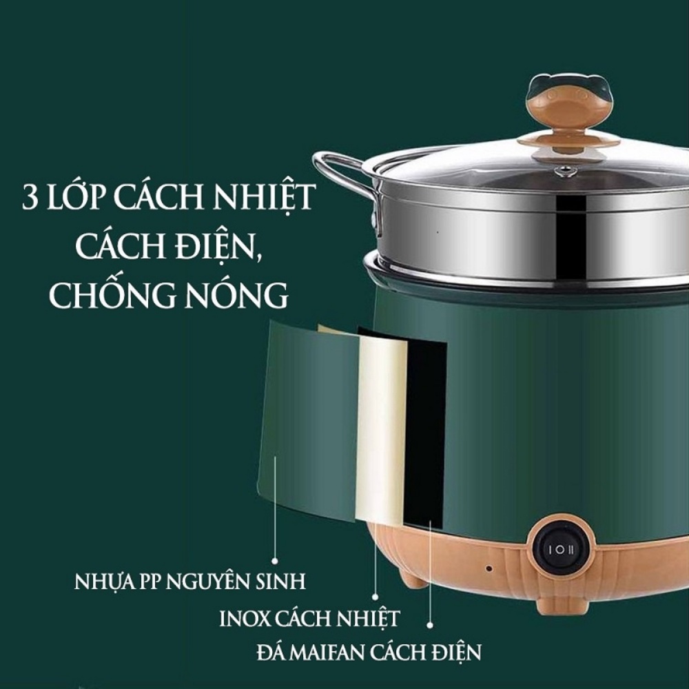 Nồi lẩu mini đa năng, ca nấu mì 18cm 2 nấc nhiệt kèm giá hấp, đế chống dính, chiên xào, hấp, luộc, ăn lẩu tiện dụng