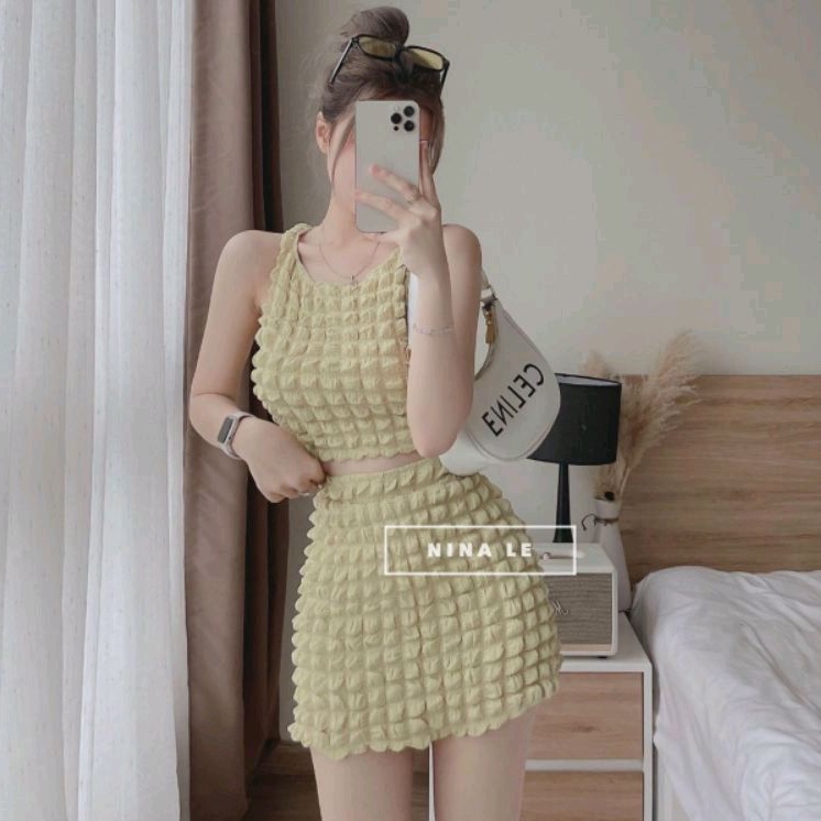 Sét bộ  áo 3 lỗ & chân váy thun xốp ô vuông