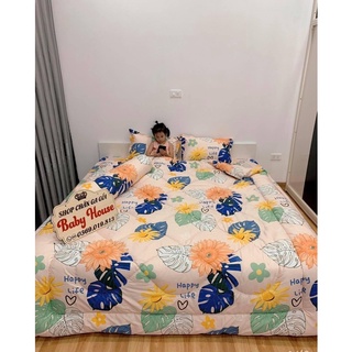 Bộ Chăn Ga Gối Cottong Poly Chần Phao 5 Món- Hoa Nhiệt Đới