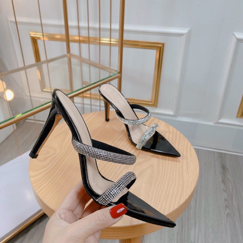 BÁN SỈ Guốc nữ cao gót 2 quai đá to mũi nhọn gót nhọn 9p chanh xả