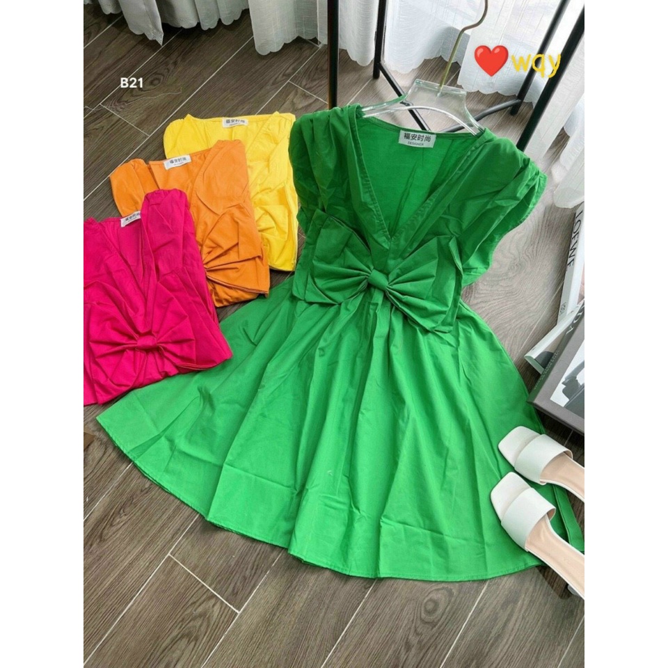 Váy đầm nữ dáng xòe cổ V nơ ngực dễ thương