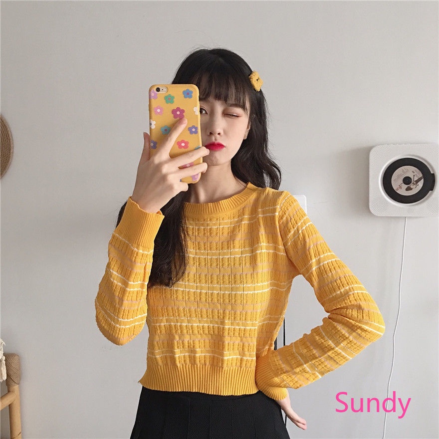 Áo sweater dài tay kẻ sọc thời trang mùa thu Hàn Quốc xinh xắn cho bé gái