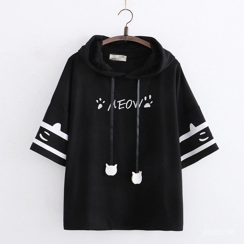 Áo hoodie ngắn tay thêu hình chân mèo xinh xắn phong cách Harajuku Nhật Bản dành cho nữ