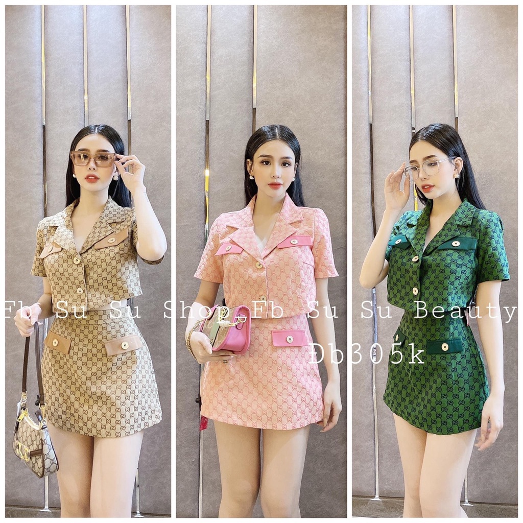 Set croptop kaki chân váy ngắn chữ a họa tiết chữ cao cấp