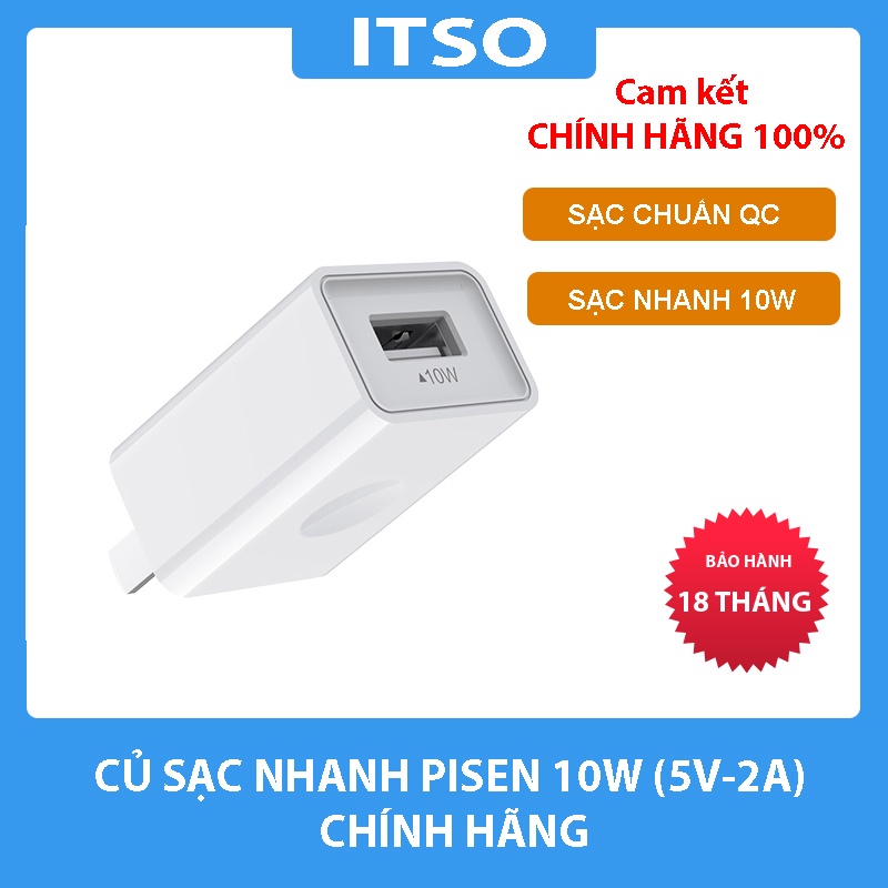 Cốc sạc Pisen USB Charger 2A – Sạc nhanh 10W – Hàng chính hãng bảo hành 18 tháng