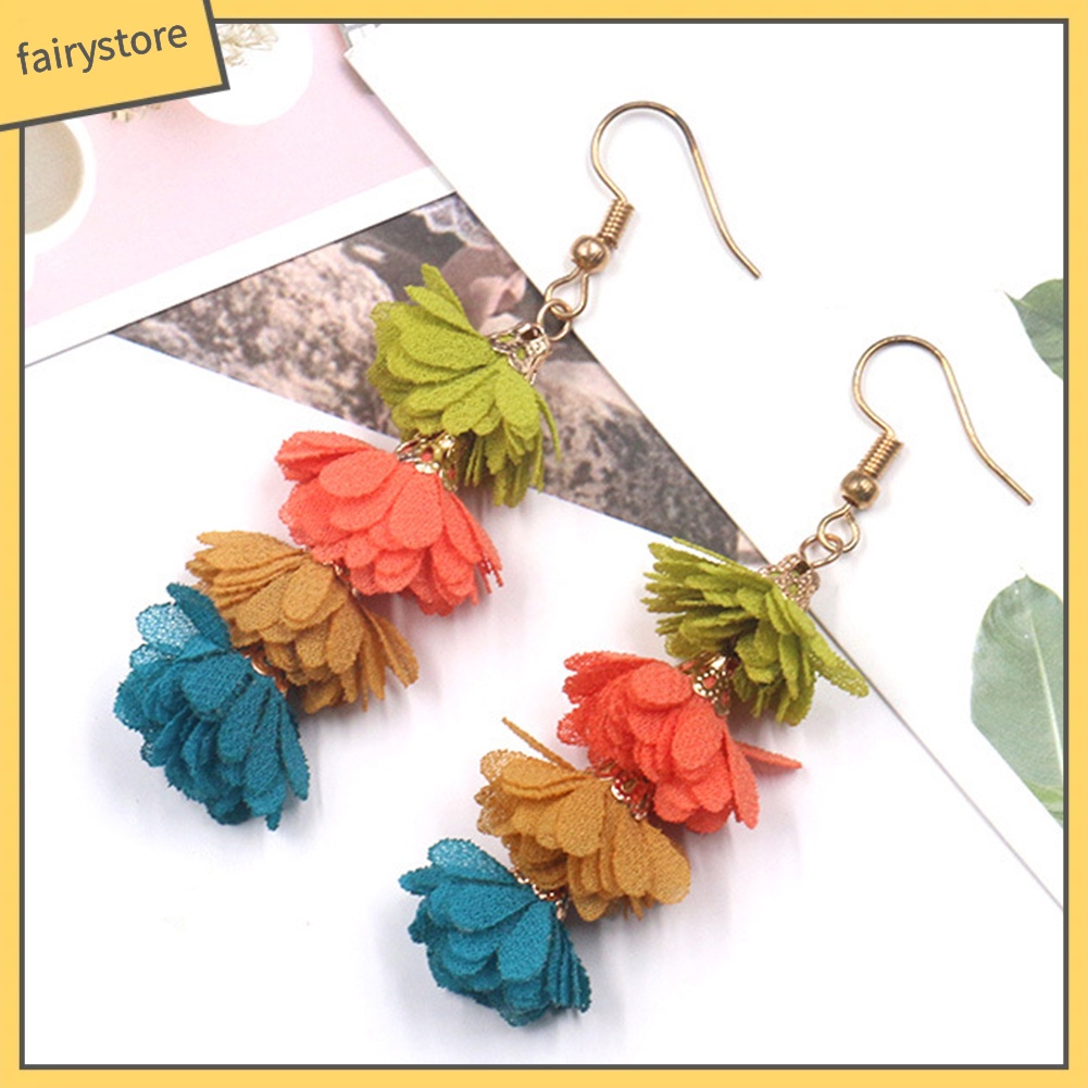 Khuyên tai dáng dài hình bông hoa tua rua phong cách Bohemian xinh xắn