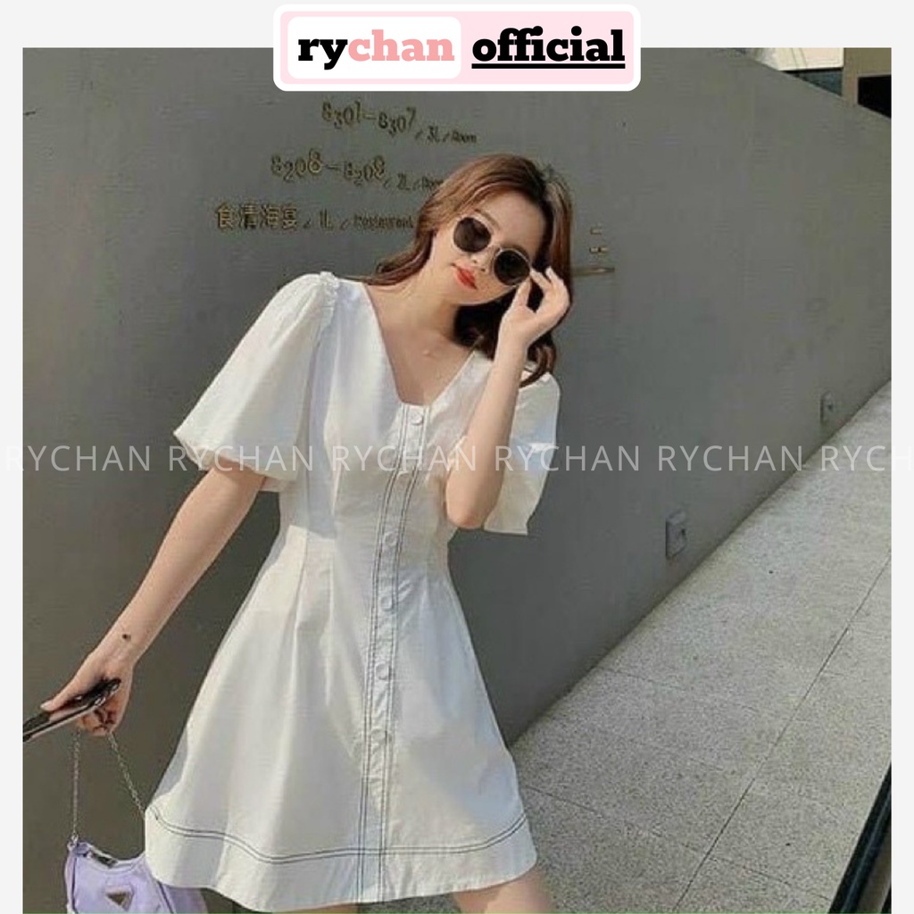 Đầm Váy Nữ Cổ V Tay Phồng To Bó Eo Nút Trước Phối Viền Đen Cực Cá Tính Sành Điệu Màu Trắng [ẢNH THẬT CUỐI] - DX9838