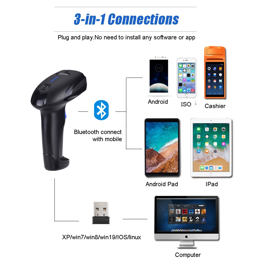 Đầu đọc Barcode YHD 1100CB(1D) - Máy quét mã vạch kết nối Bluetooth/ 2.4G/ Có dây quét mã vạch trên giấy in nhiệt