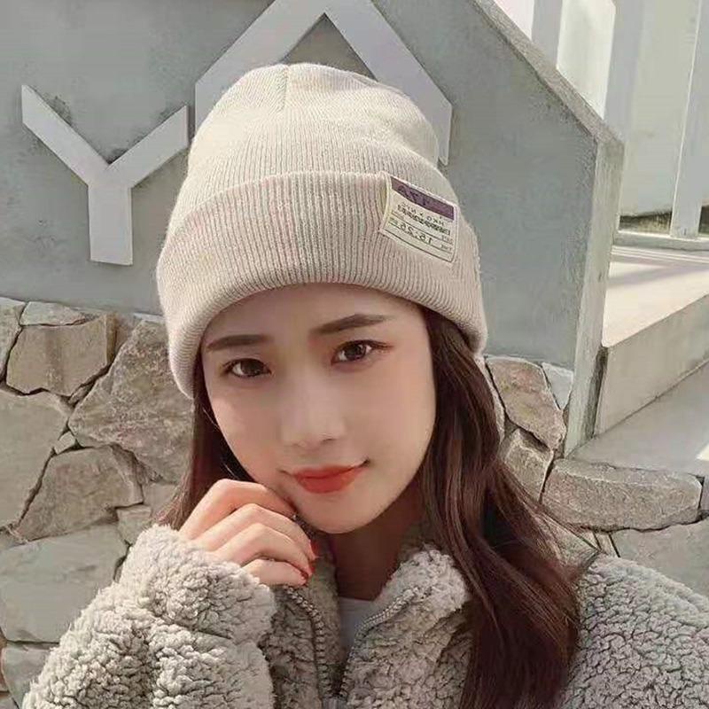 Mũ beanie dệt kim unisex thêu miếng vá họa tiết chữ phong cách Hàn Quốc