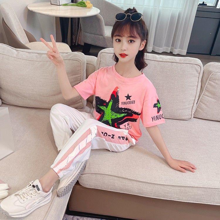 Bộ Đồ Thể Thao 2 Món Áo Thun Tay Ngắn Thời Trang Mùa Hè Cho Bé Gái Từ 3-4 - 5-6 - 7-8 - 9-10 - 11-12 - 13-14 - Năm Quần Thể Thao Trẻ Em Áo Thun S