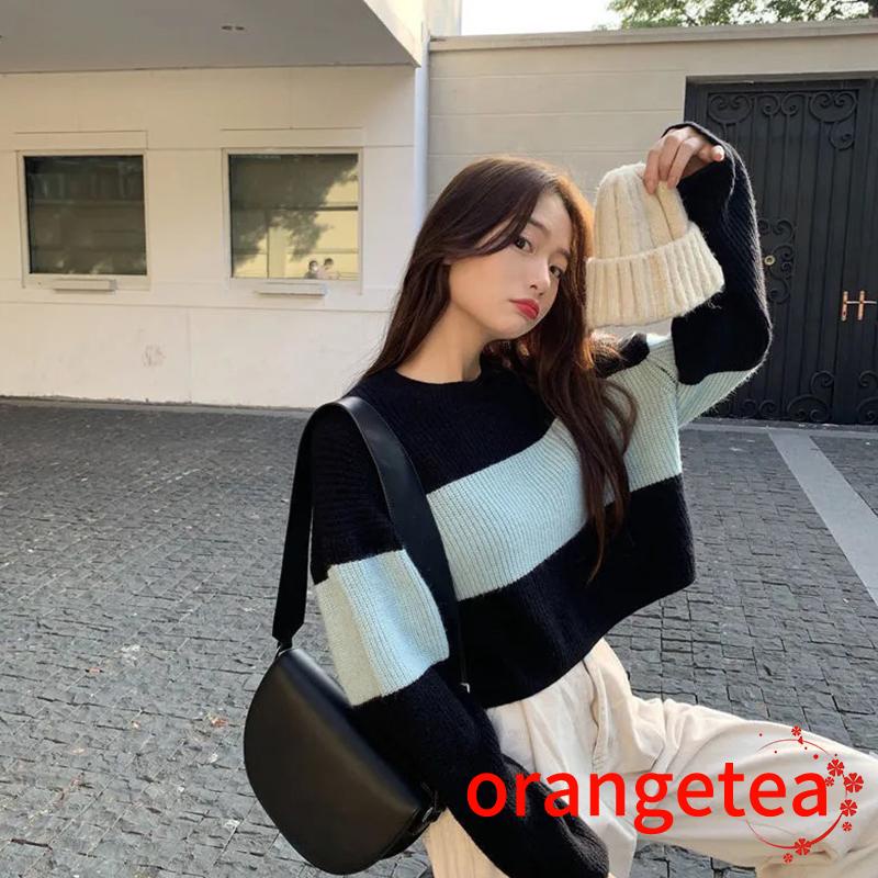 Áo Sweater Dệt Kim Tay Dài Cổ Tròn Dáng Rộng Màu Tương Phản Thời Trang Mùa Thu Cho Nữ