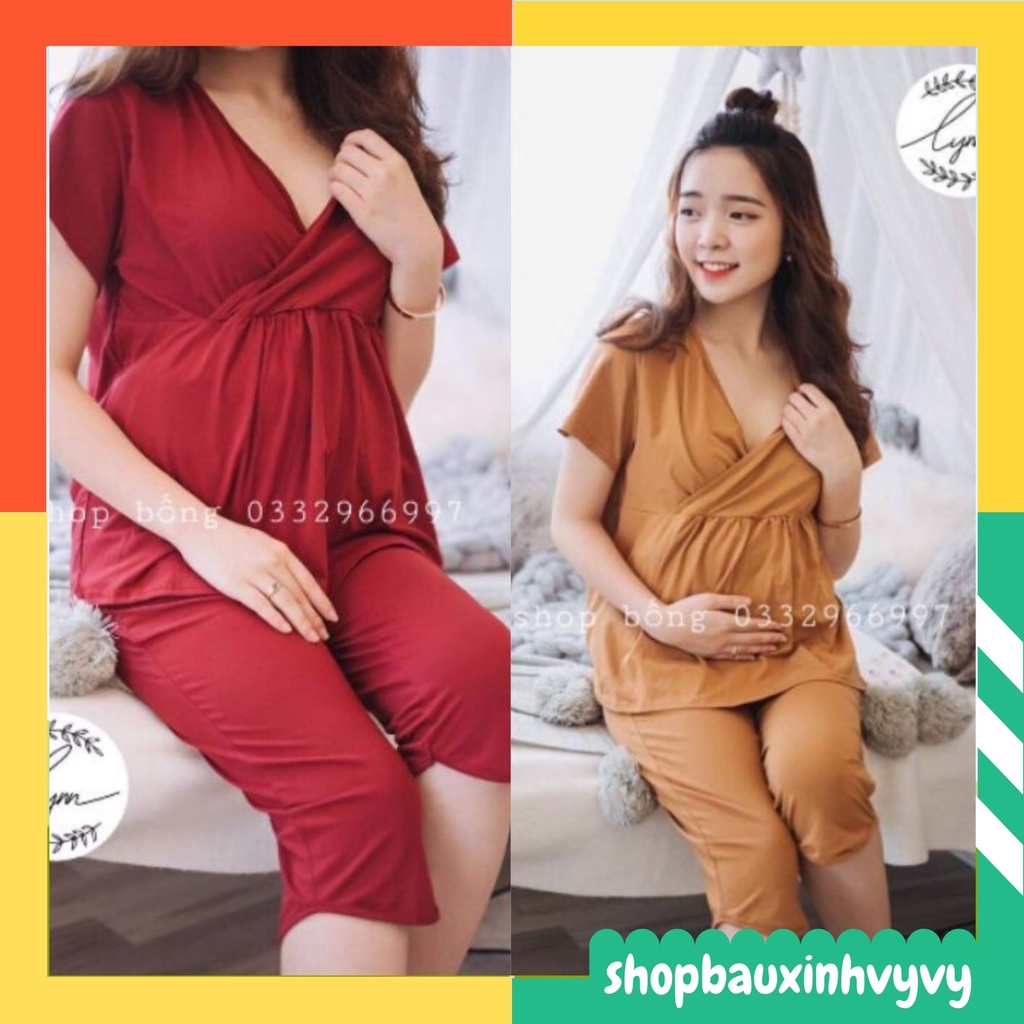 [HÀNG ĐẸP] Đồ Bộ Bầu Sau Sinh Lửng Bầu Cổ Vạt Chéo, Chất Đẹp, Tiện Cho Bé Ti, Free SIze