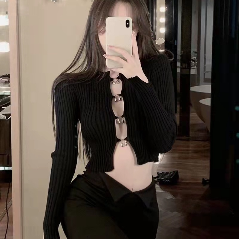 SUXI Áo Croptop Dệt Kim Tay Dài Màu Sắc Thanh Lịch