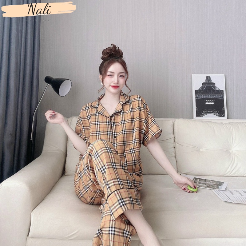 Bộ pijama nữ cộc tay quần dài chất liệu lụa 100D xịn xò, bộ đồ ngủ nữ pyjama họa tiết sọc caro trẻ trung DC04