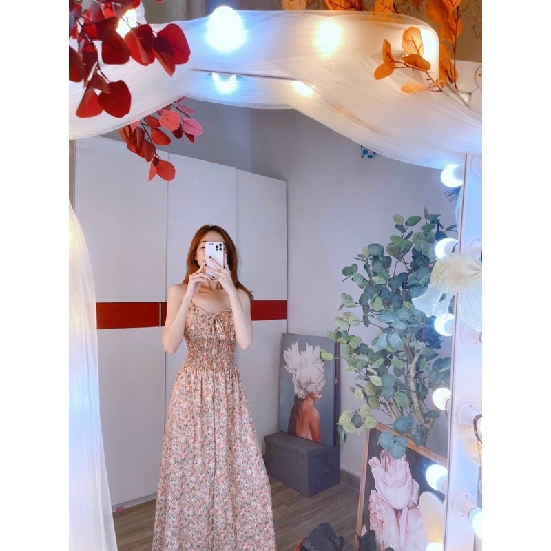 Đầm maxi hai dây cột nơ bo eo hoa nhí siêu dễ thương - hình thật