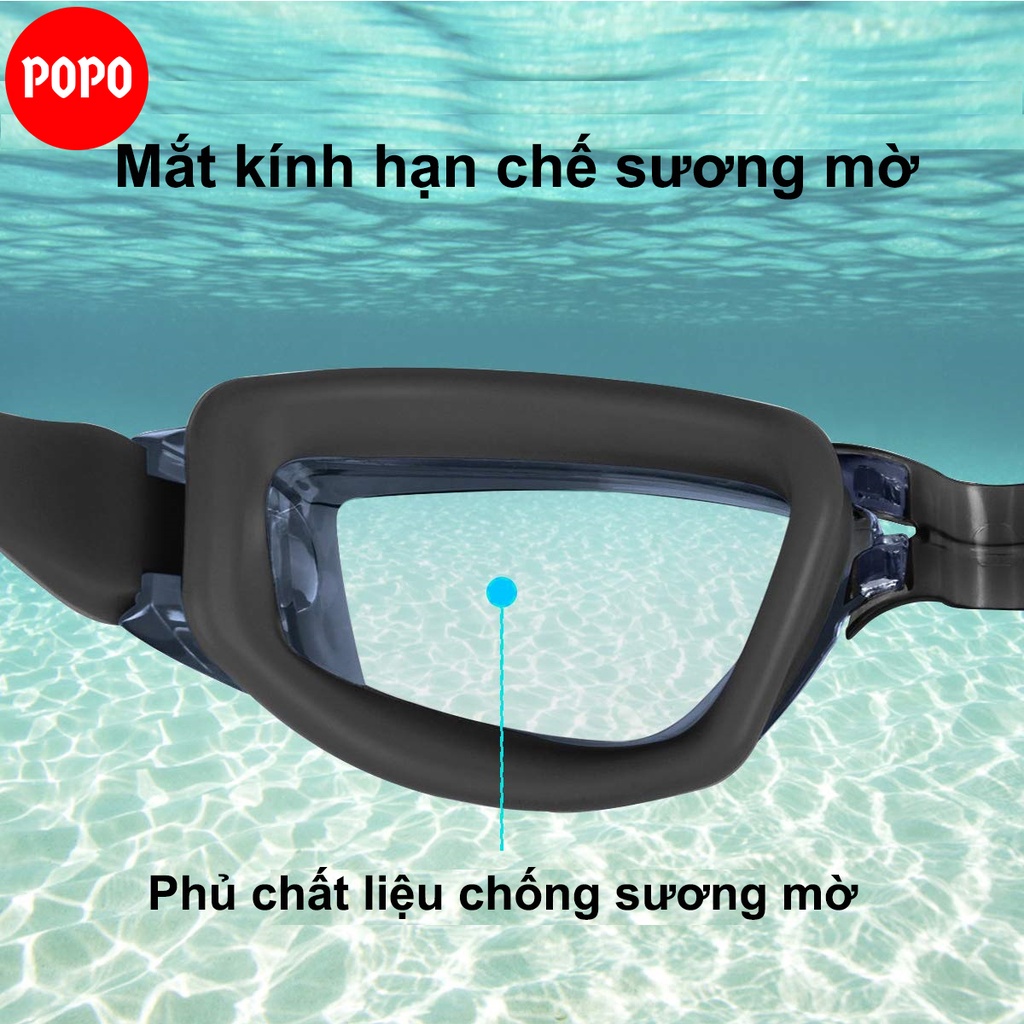 Kính bơi người lớn, kính bơi mắt trong POPO 11940T cùng nón bơi, bộ bịt tai kẹp mũi đủ phụ kiện bơi lội, thi đấu