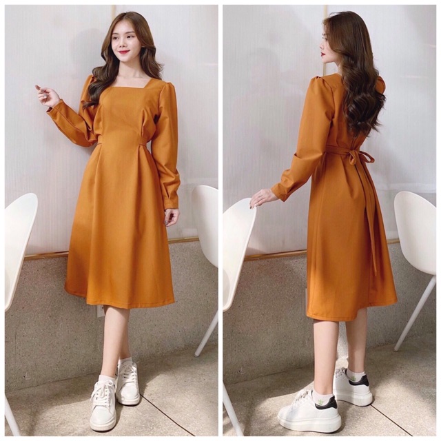 Đầm cam tay dài nơ eo (kèm hình thật)