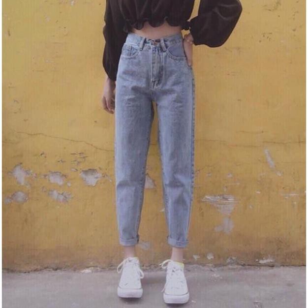 Quần jeans nữ baggy dáng trơn cạp cao may gấu New