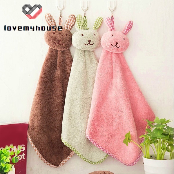 ☁ி☁ Cute Bunny Coral Fleece Hand Towel Kitchen Hanger Washcloth Fashion Lovely 