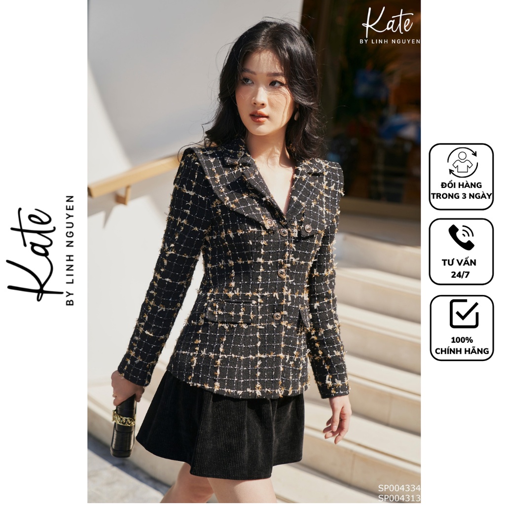 Áo dạ tweed đen cổ vest dài tay 4313 chân váy xòe nhung tăm 4334 thời trang thiết kế KATE By Linh Nguyen