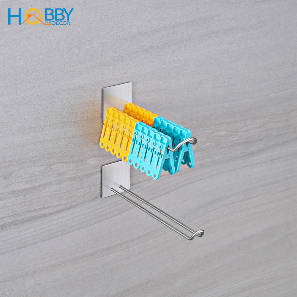 Bộ 2 móc kẹp phơi quần áo cho gọn HOBBY Home Decor GPMD chuẩn Inox 304 không rỉ dán tường gạch men nhà bếp, phòng tắm