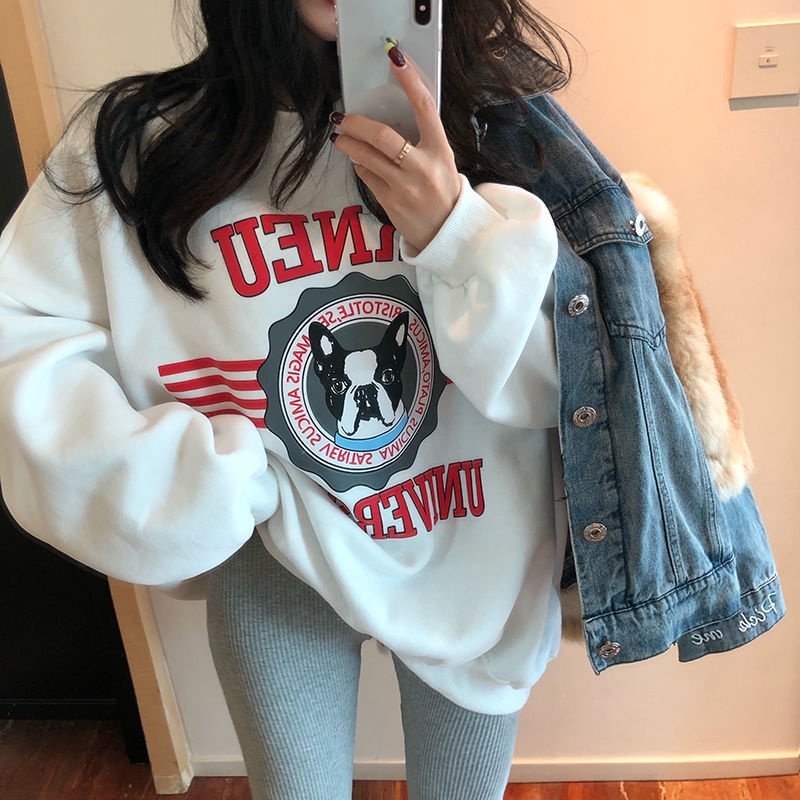Porozi  Áo sweater tay dài dáng rộng in họa tiết phong cách Hàn Quốc cho nữ