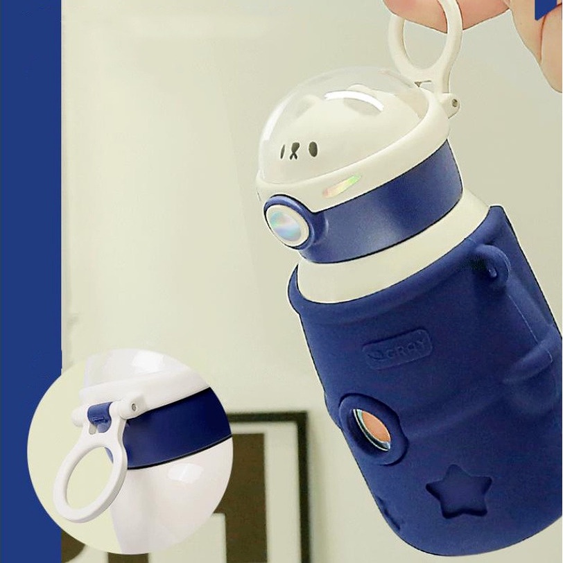 Bình Nước Giữ Nhiệt Bằng Thép Không Gỉ 316 500ML Hình Phi Hành Gia Dễ Thương Kèm Ống Hút Và Dây Đeo Cho Trẻ Em