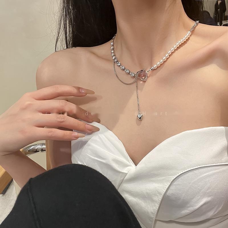 Dây Chuyền Ngọc Trai Mặt Trái Tim Ghép Hình Trái Tim Sang Trọng Phong Cách Harajuku ins
