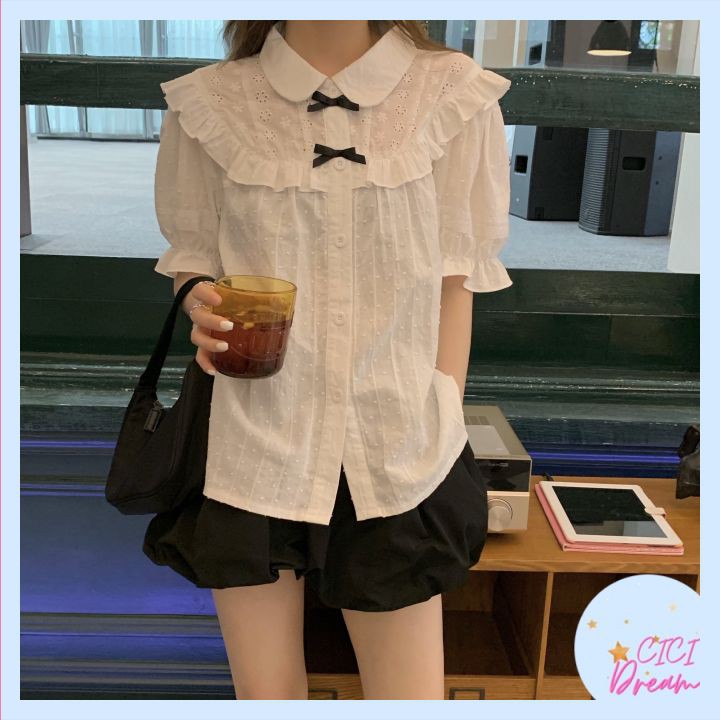 Áo sơ mi nữ trắng dài tay đính nơ cổ đứng babydoll bo chun, Áo sơ mi nữ trắng dài tay bồng cổ buộc nơ siêu xinh