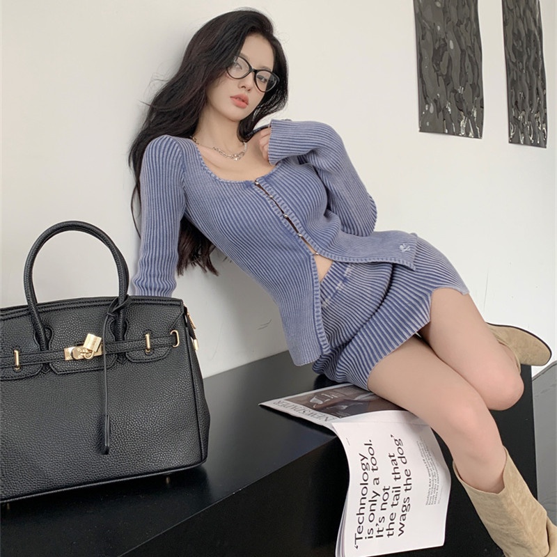 Bộ Áo Cardigan Dệt Kim Dài Tay Phối Chân Váy Ngắn Thời Trang Mùa Thu Thanh Lịch