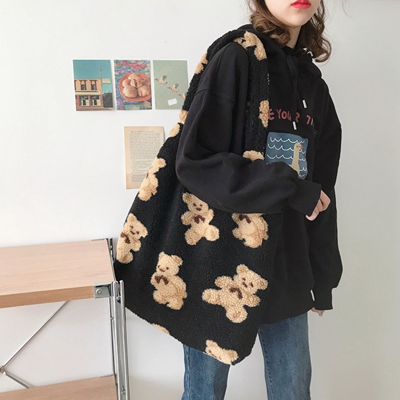 Túi Đeo Vai Giả Lông Cừu Họa Tiết Gấu Hoạt Hình Thời Trang Mùa Đông Cho Nữ