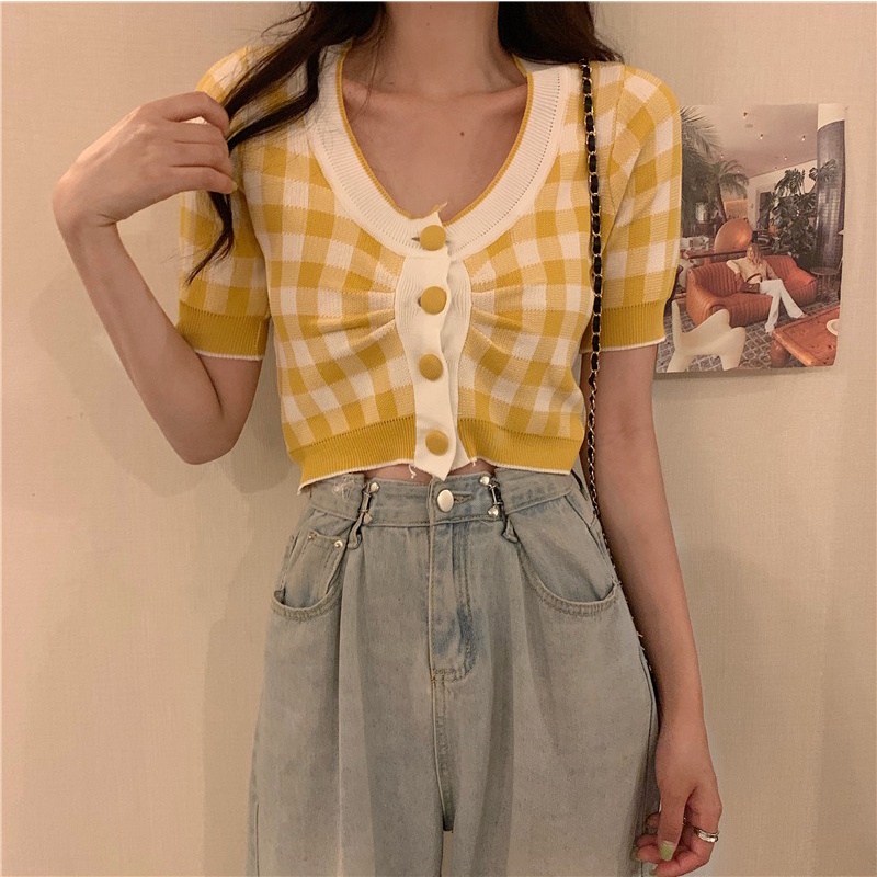 Áo Cardigan ZHELIHANGFEI Dệt Kim Ngắn Tay Cổ Chữ V Thời Trang