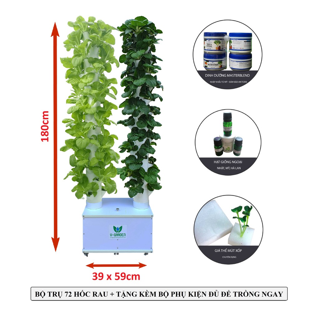 Trụ trồng rau thủy canh cao cấp TTC-Covid-72 phiên bản 2021 - Tặng kèm bộ phụ kiện đủ để trồng ngay