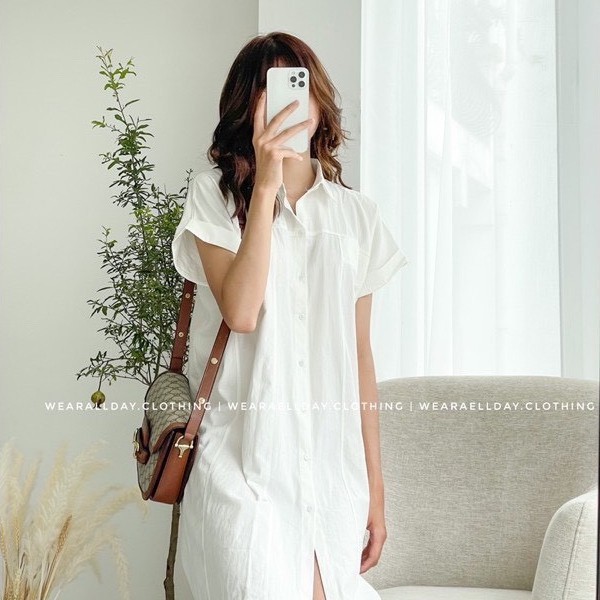 Váy sơ mi đũi thô 560 dáng xuông 2 túi ngực giả 4 màu / Đầm sơ mi dáng rộng Nhung Nhớ A1051N | BigBuy360 - bigbuy360.vn