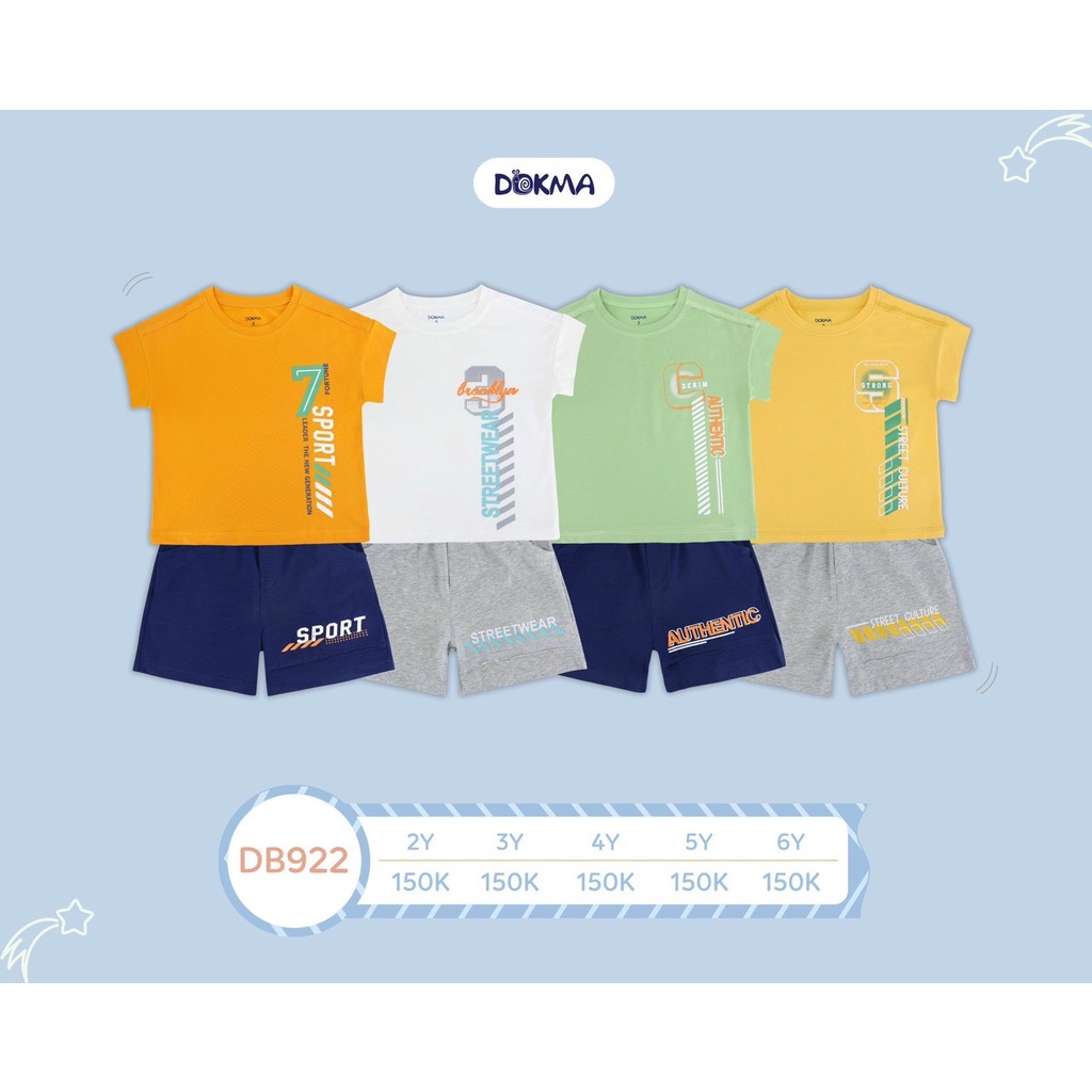 [CHÍNH HÃNG] Bộ quần áo cộc tay quần đùi cotton họa tiết thể thao cho bé trai DB922 Dokma